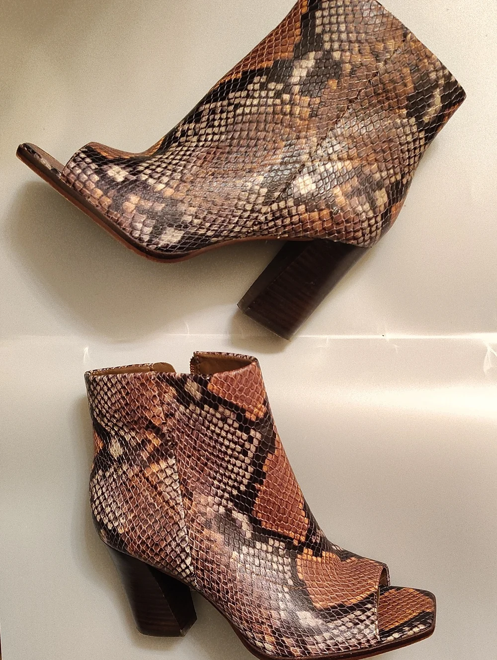 Vince Camuto Brown Snake-Print Peep-Toe Ankle Bootie